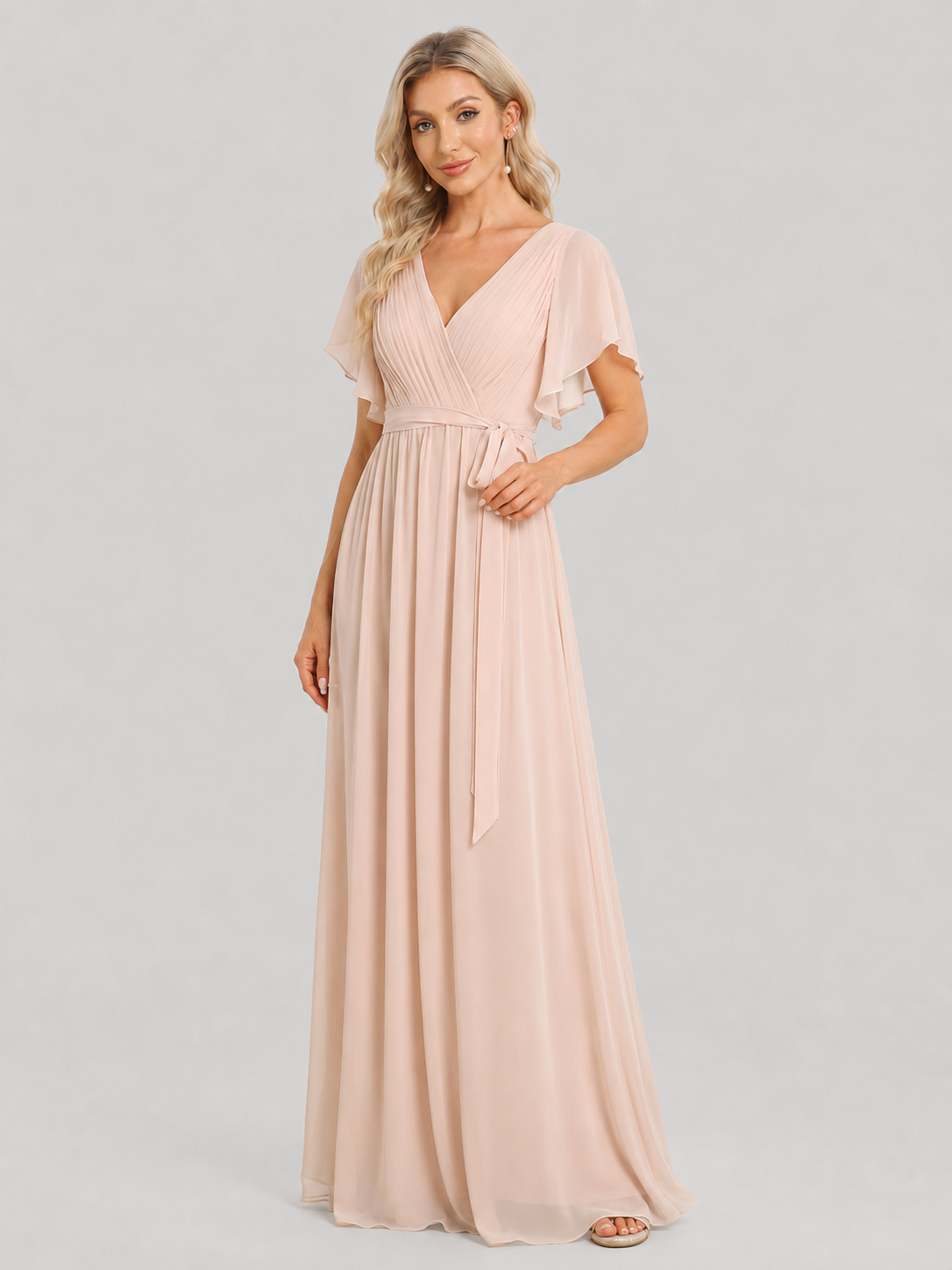 Dahlia Ruffle Sleeve Deep V Chiffon Maxi Dress