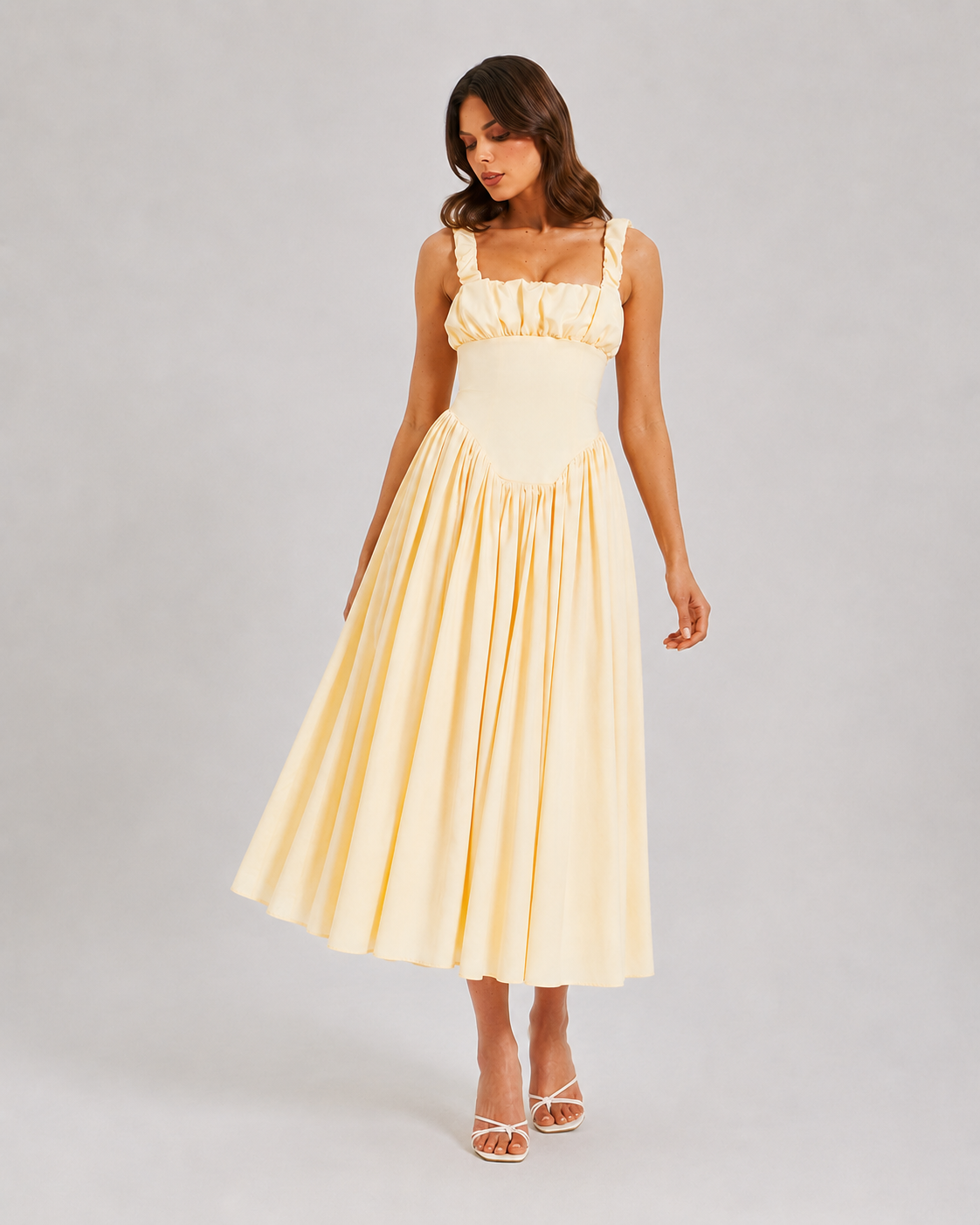 Juliet Satin Square Neck Backless Pleated Midi Dress in Black