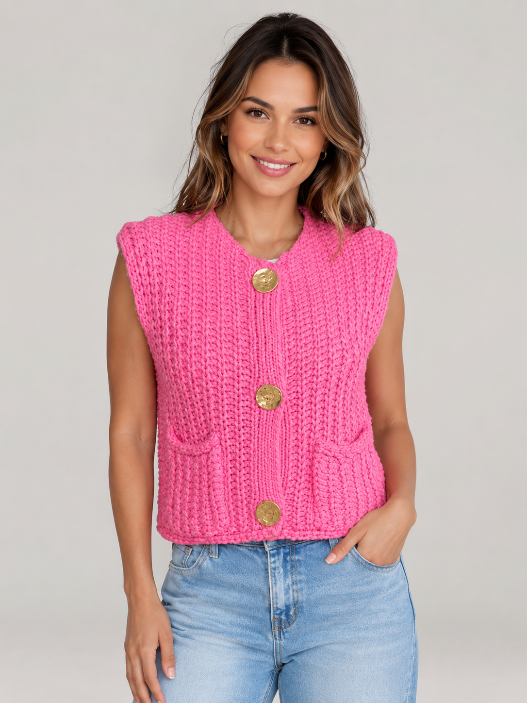 Nancy Sleeveless Crochet Knit Button Cardigan Gilet