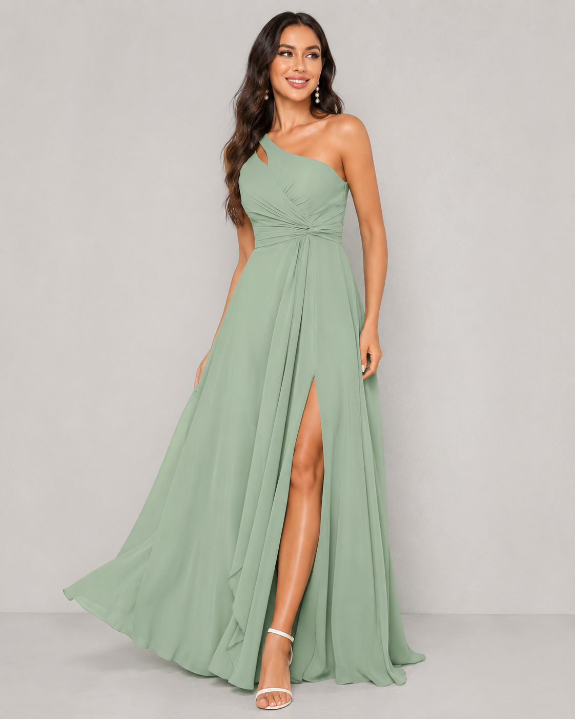 Cecily One Shoulder Ruffle Chiffon Maxi Dress with Slit