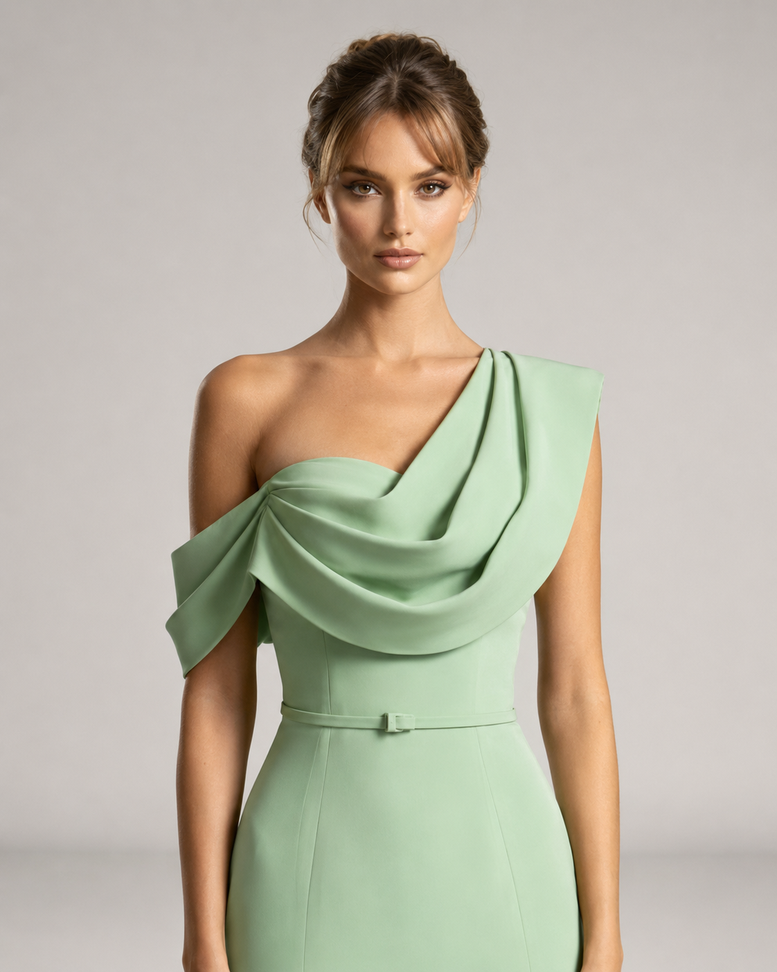 Guinevere One Shoulder Draped Satin Prom Dress in Sage Green