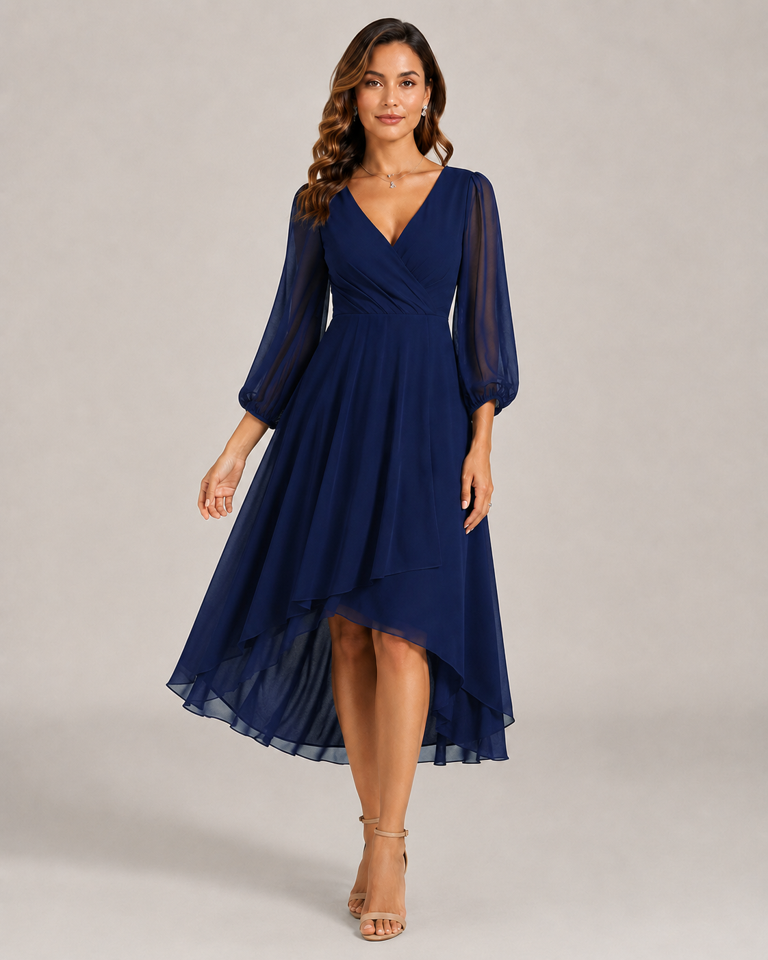 Leonie Sheer Mesh Sleeve V-Neck A-Line Midi Dress