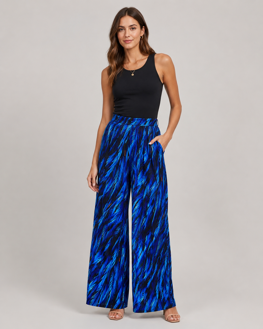 Isla Feather Print Sleeveless Wide Leg Jumpsuit in Blue